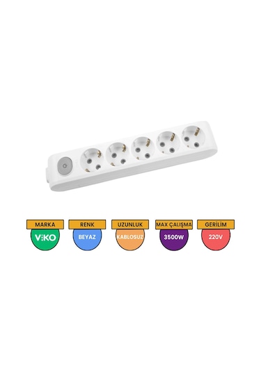 Viko Multi-let 5'li Grup Priz Anahtarlı Topraklı Çocuk Korumalı Klemensli Beyaz - 90117500