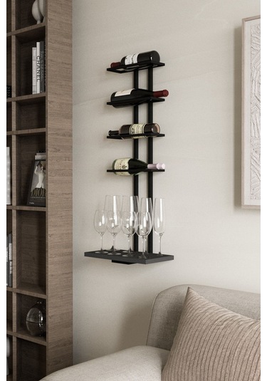 Aju Şaraplık Ve Kadeh Rafı Duvara Monte Şarap Mahzeni Modern Duvar Alkol Rafı Metal Ve Ahşap Tasarım Siyah