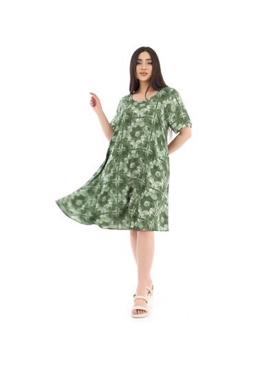 Schık Kadın Viskon Yarım Kol Kare Yaka Elbise Haki Haki