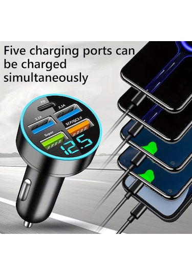 5 Port Usb Süper Hızlı Şarj Akıllı Telefon Şarj Algılama Dijital Ekran Araç Adaptörü Cep Telefonu Şarj Cihazı
