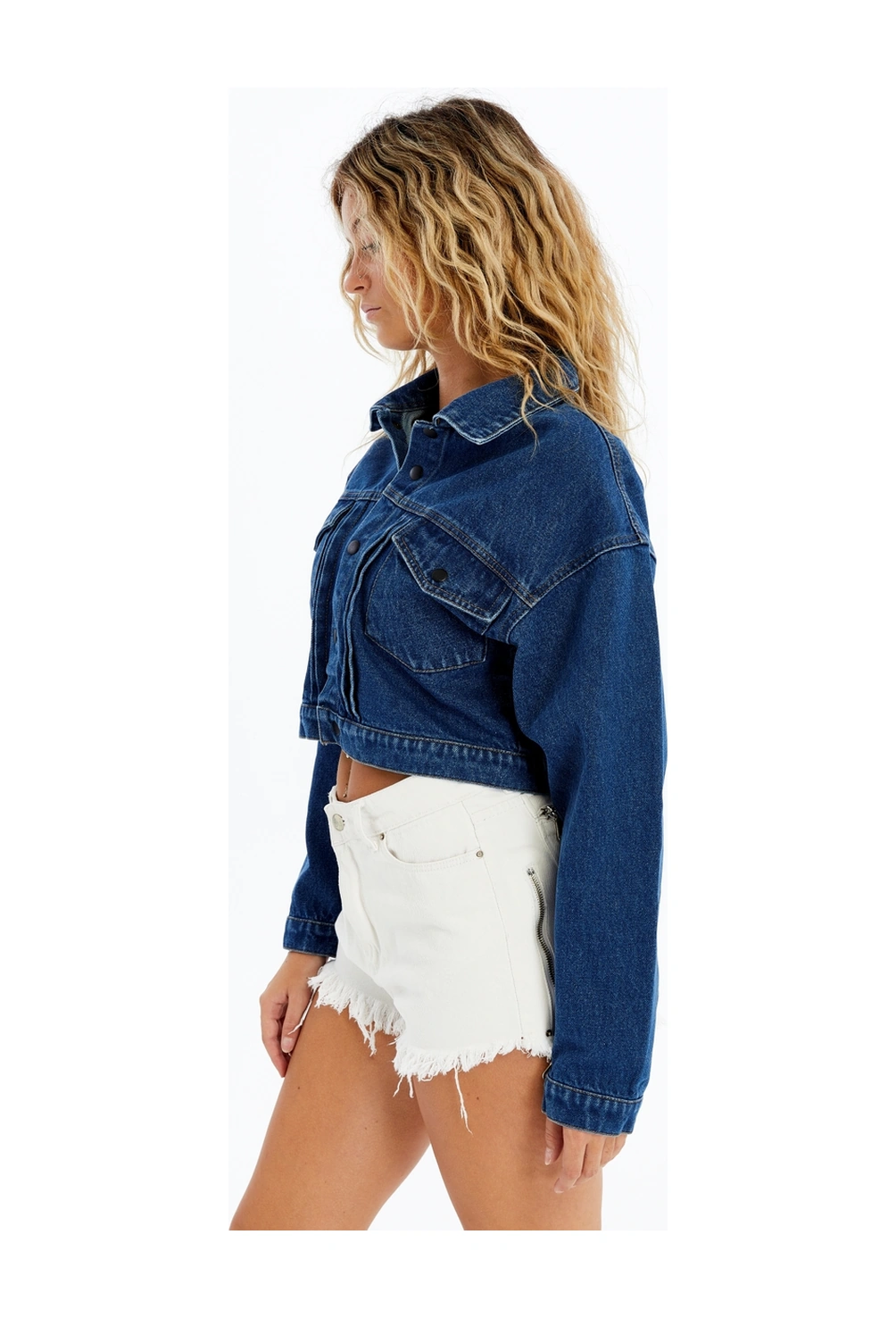 Kadın Kot Ceket Oversize Bomber Niş Tasarım Özgünlük Günlük Kullanıma Uygun Şık Mont Crop Kot Ceket Koyu Mavi