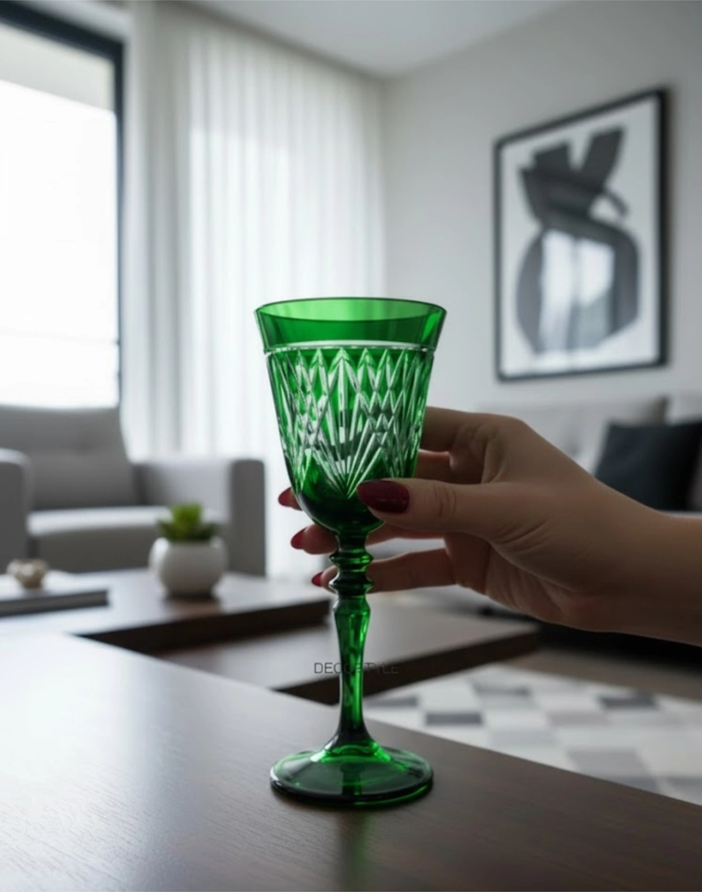 Bella % 100 El Yapımı Dekorlu Cam Kadeh Bardak Paşabahçe Yeşil