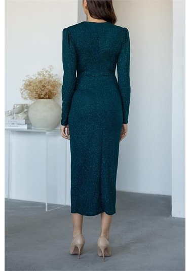 Kadın Büzgü Detaylı Simli Gece Elbisesi Dpnbmy3633 Yeşil