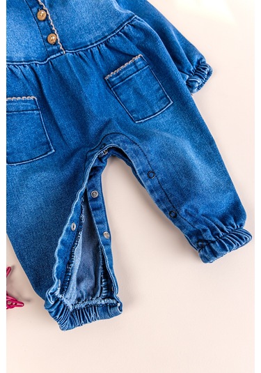 Babymod Bebe Yaka Denim Cep Detaylı Kız Bebek Kot Tulum mavi