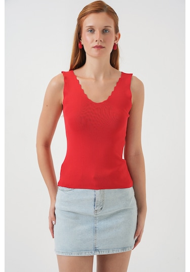 Kadın Zikzaklı V Yaka Bluz 15930 - Kırmızı Kırmızı