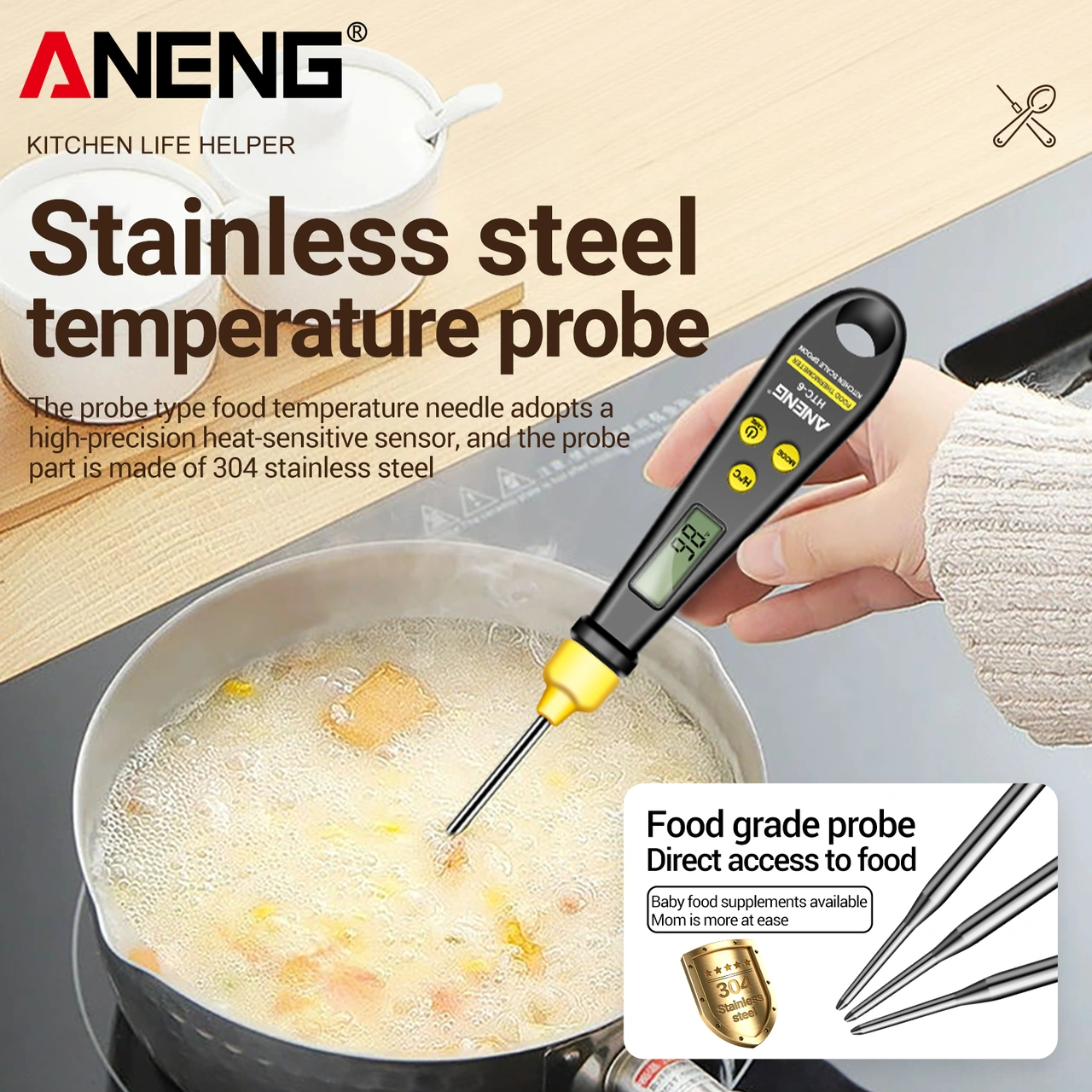 Skycity Aneng Htc-6 Dijital Ölçü Kaşığı Ve Mutfak Termometresi - 3 Birim G/oz/lb Ağırlık Ölçümü, Derece Kontrolü, Siyah, Cr2032 Pil Dahil