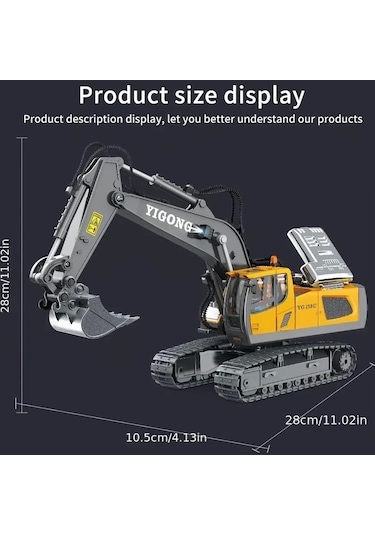 Uzaktan Kumandalı Ekskavatör Full Fonksiyon 11 Kanallı Alaşımlı Metal Yapı, 2.4ghz Kablosuz, Usb Şar