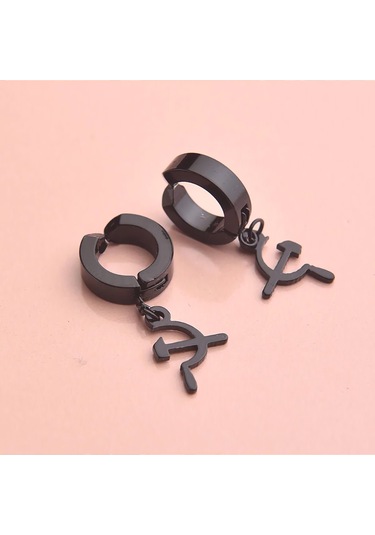 Özel Simgeli Siyah Sıkıştırmalı Erkek Çelik Küpe Takı Siyah