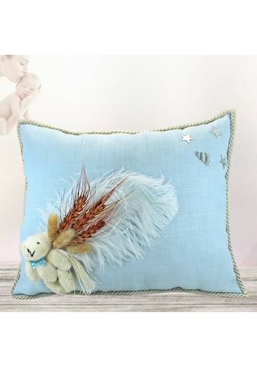 Süslebabypartystore Kuru Çiçek Tanzimli, Ayıcıklı, Takı Yastığı, Mavi