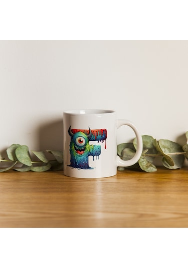 F Harfi Bardak, Sevimli Canavarlar Harflı Bardak Hediyesi Porselen Beyaz