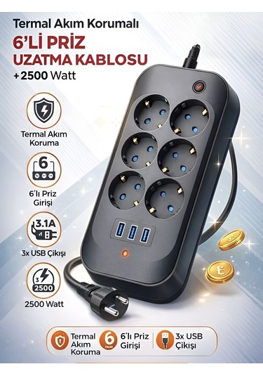 Ftr11 3xusb 6xsoket Termal Akım Korumalı 2 Metre Uzatma Kablolu A