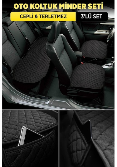 Tay Tüyü Oto Koltuk Minder Seti - Cepli & Terletmez - Siyah