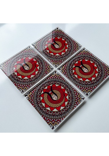 Cam Bardak Altlığı Modern Şahmeran 4'lü Takım Beyaz