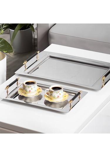 Porsima Gold 2 Li Paslanmaz Çelik Kahve Sunum Tepsisi Gümüş Go...