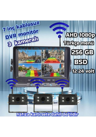 3 Adet Kablosuz Kamera Ahd 1080p 7 İnç Dvr Monitör Bsd Kör Nokta Sistemli 12 24 V