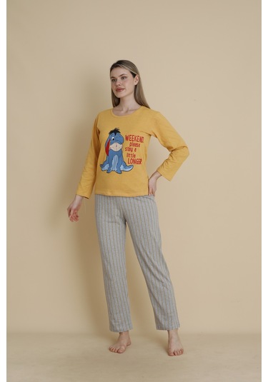 Kadın Penye Sıfır Yaka Uzun Kol Pijama Takımı Sarı Gri