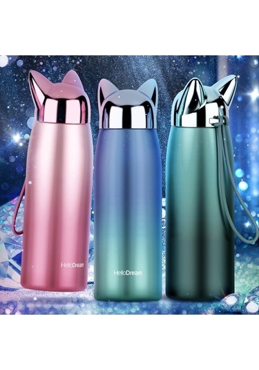 Novahub 300ml Paslanmaz Kedi Kulaklı Seyahat Kupası - Kahve, Çay, Süt - Altın Renk Altın