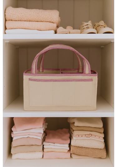 Anne Bebek Kalın Keçe Bakım Çantası Yenidoğan Için Organizer Düzenleyici Çok Amaçlı Bej Pembe Overlok Detay