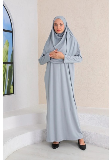 Tek Parça Namaz Elbisesi Gümüş Gri-21002 Gül Kurusu