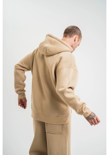 Unisex Double Oversize Kapşonlu Basic Sweatshirt - Bej Siyah