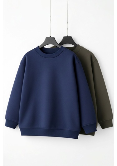 Zuzunga 2'li Basic Şardonlu Çocuk Sweatshirt Haki - Lacivert 9003