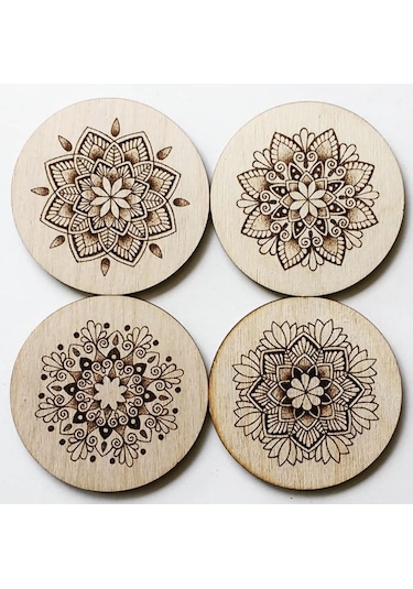 Ahşap Mdf Lazer Kesim Kazıma 6 Lı Kahve Fincan Atlığı, Bardak Altlığı, Sunum Açık Kahverengi