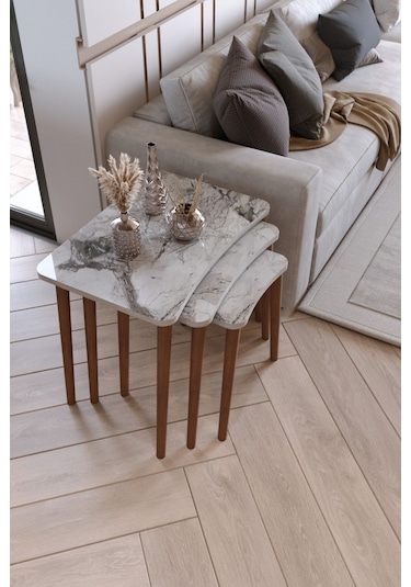 Zuesse Dizayn Reyhan 3lü Zigon Sehpa & Yan Sehpa Ahşap Ayaklı Salon Seti Çay Sehpası - Beyaz Mermer