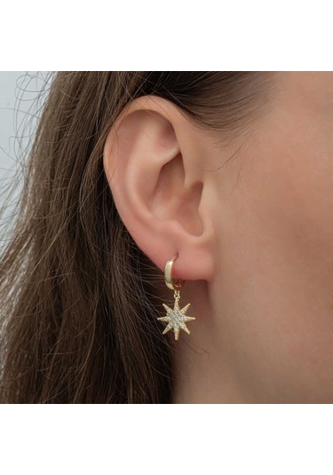 Aya Diamond Gümüş Gold Sallantılı Kutup Yıldızı Kadın Küpe Gold