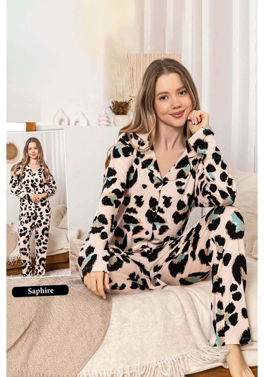 Kadın Leopar Desen Düğmeli Saphire Pijama Takımı 0368 Toz Pembe Toz Pembe