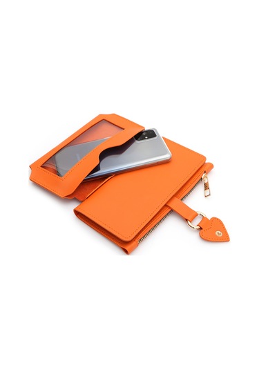 Soft Yumuşak Deri Cep Telefon Bölmeli Kalp Detaylı Trend Kadın Cüzdan Turuncu Turuncu