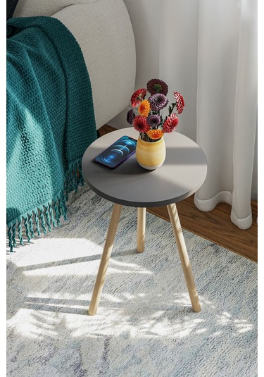 İntergo Yuvarlak Ahşap Ayaklı Tekli Zigon Yan Sehpa Antrasit Gri