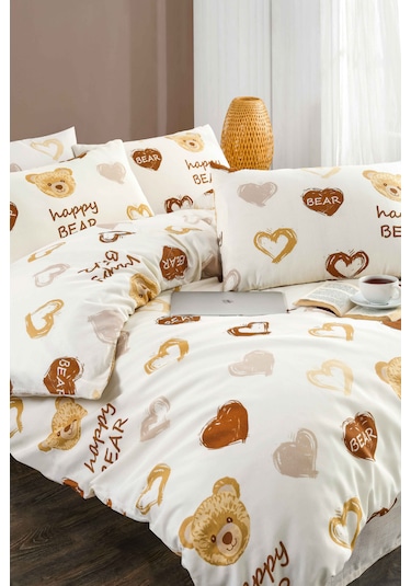 Tabu Home Ranforce Ayıcıklı Kalpli Çift Kişilik Nevresim Seti Krem