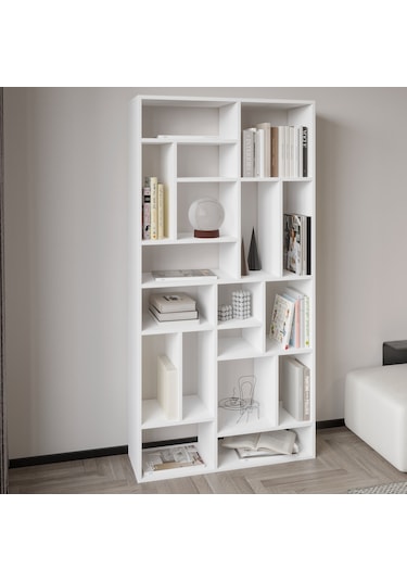 Nicola Kitaplık 18 Raflı, Modern Kütüphane Beyaz