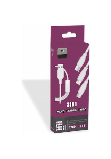 Pdateknoloji Yetty 3 İn 1 2.1a Micro Lightning Type-c 1.2m Şarj Kablosu Beyaz Ykb-10
