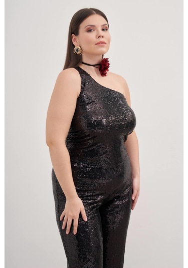 Tek Omuz Astarlı Payetli Top-3351 Siyah