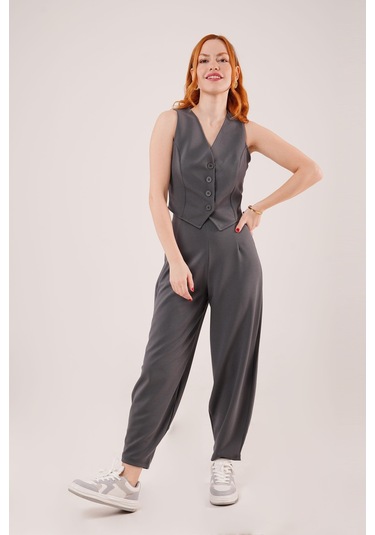 Gülsüm Aydın Önü Düğmeli Gri Yelek Gri