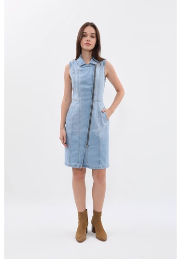 Kadın Açık Mavi Fermuarlı Jean Elbise Açık Mavi