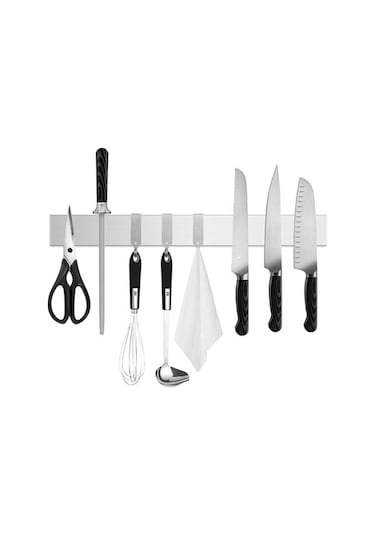 Springsun Duvar Takılan Manyetik Bıçak Rafı, Delme Yok Kurulum, Çift Taraflı Mıknatıs, 3 Kanca Ve Kayma Önleyici Pad İle Sıcaklık Dayanıklı, Siyah Standart Model 40-500 Mm