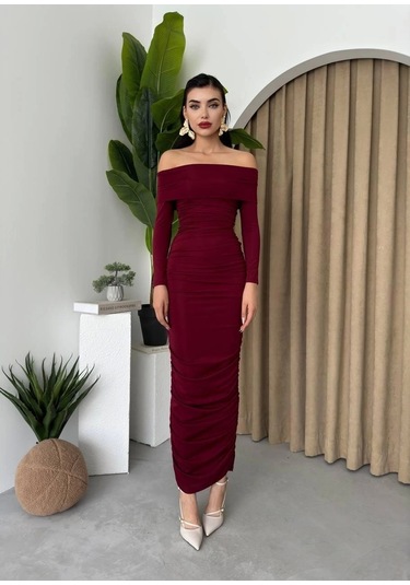 Dakota Drapeli Elbise Bordo