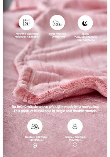 Evlen Home Mayer Supersoft Yumuşak Çift Kişilik Battaniye 180x230 Cm Pudra Pudra