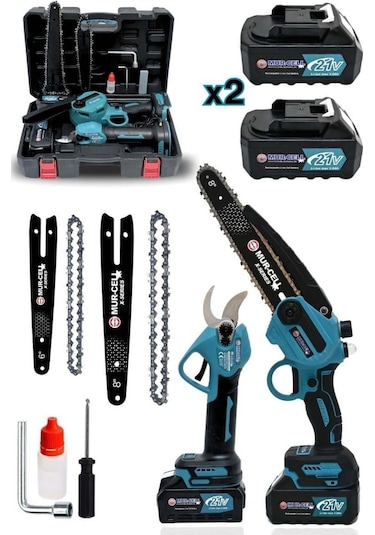 M 2'li Set Çelik Şanzuman Çift Pala Zincirli Şarjlı Dal Budama Testere Budama Makas 21v 3ah
