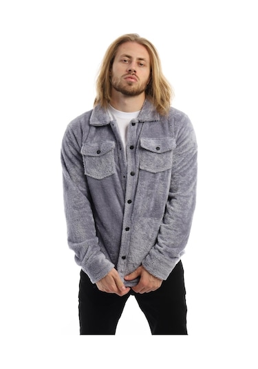 Erkek Çıt Çıt Detaylı Cepli Peluş Ceket Gri-mavi Gri