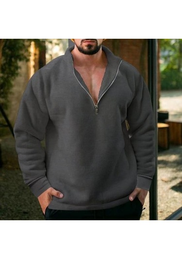 Erkek Yarım Fermuar Polar Kazak Üst Düz Renk Rüzgar Geçirmez Sonbahar Kış Uzun Kollu Yaka Kazak Beyaz