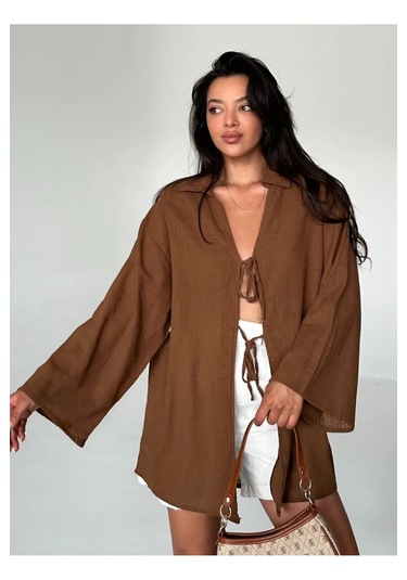 Kahve %100 Keten Bağcık Detaylı Kimono Bluz - 5218 Kahve