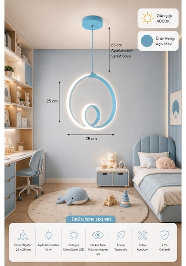Ovira Led Sarkıt Avize Çocuk Odası Günışığı Açık Mavi