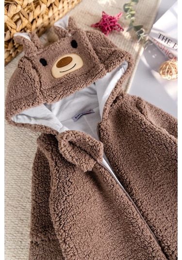 Babymod Kapüşonlu Welsoft Peluş Kışlık Kız/erkek Bebek Tulum Kahverengi