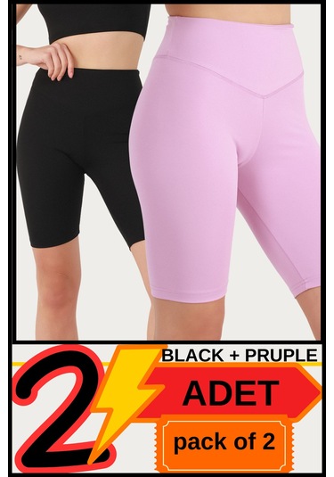 Kadın Yüksek Bel Toparlayıcı Kısa Siyah & Lila Şort Tayt 2'li Paket Lycralı Biker Shorts 21070 Siyah - Lila