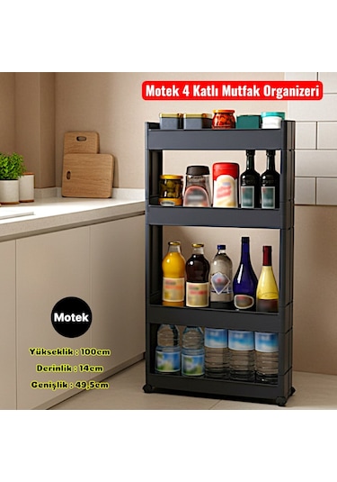 Technow Motek Sr-04 Tekerlekli Plastik,mutfak,banyo Rafı 4 Katlı Organizer Antrasit Antrasit