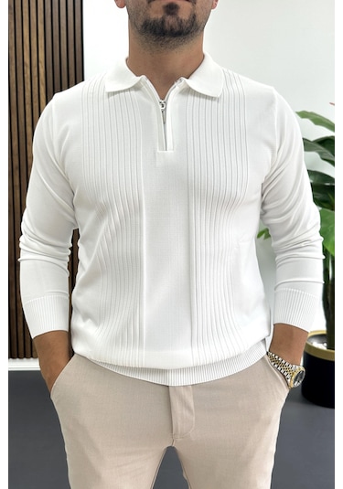 Erkek Çizgi Desenli Normal Kalıp Kazak Beyaz Edw422 Beyaz