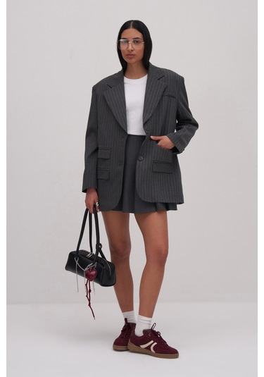 Volanlı Mini Etek Gri